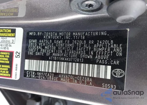 2019 Toyota Camry Se z USA, uszkodzony, nr VIN 4T1B11HK4KU712813